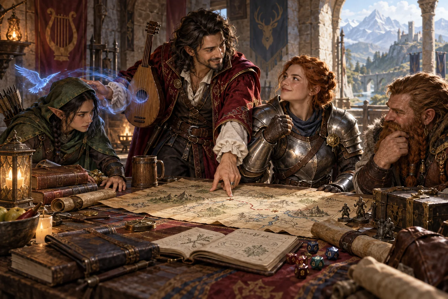 Fantasy Bard coordinating party roles beside a campaign map, lute, spell notes, and polyhedral dice