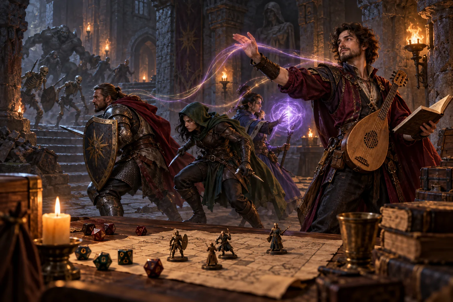 Fantasy Bard directing party members in a torchlit dungeon battle with restrained magical effects and polyhedral dice