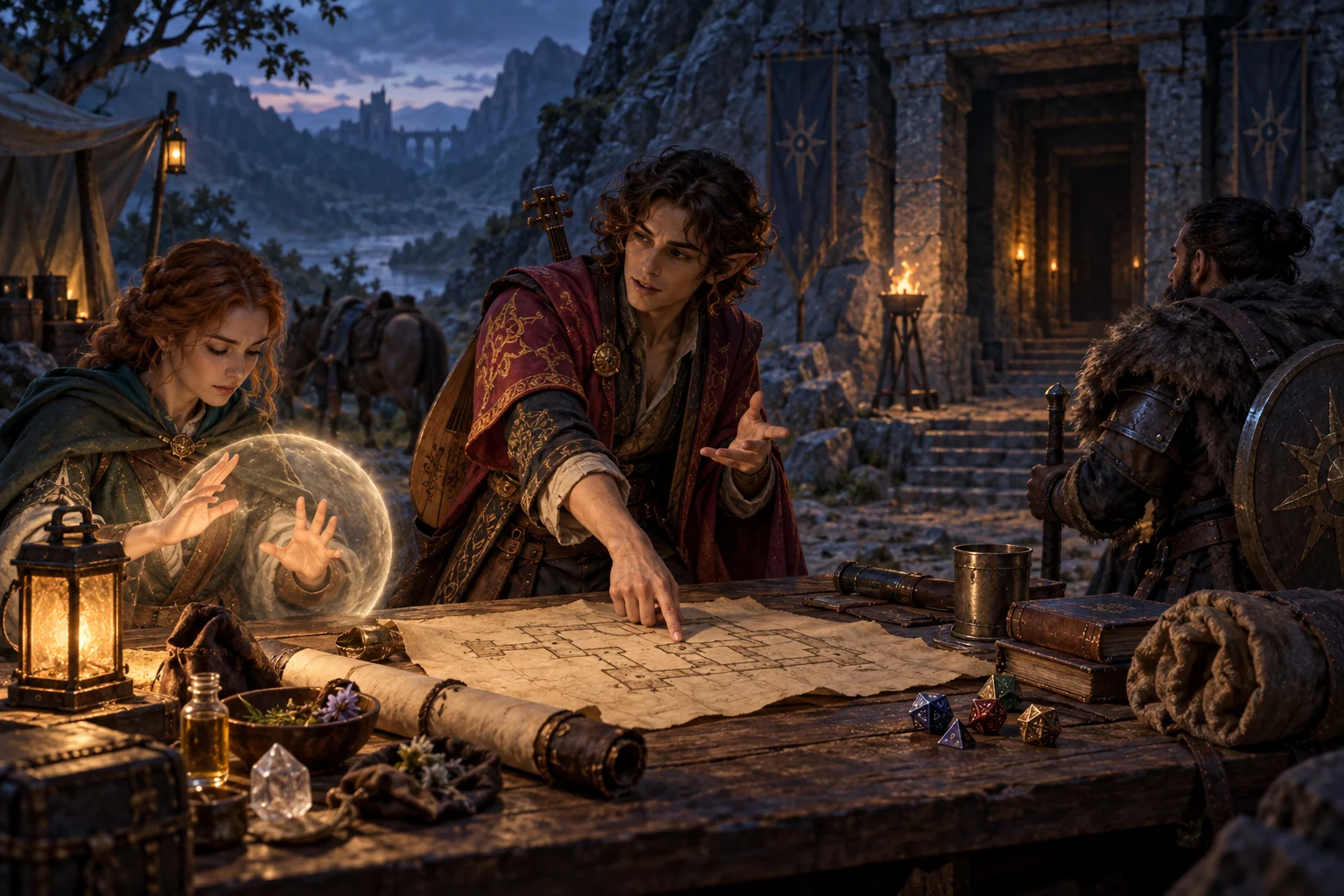Bard coordinating support and control spells with a party beside a dungeon map and polyhedral dice