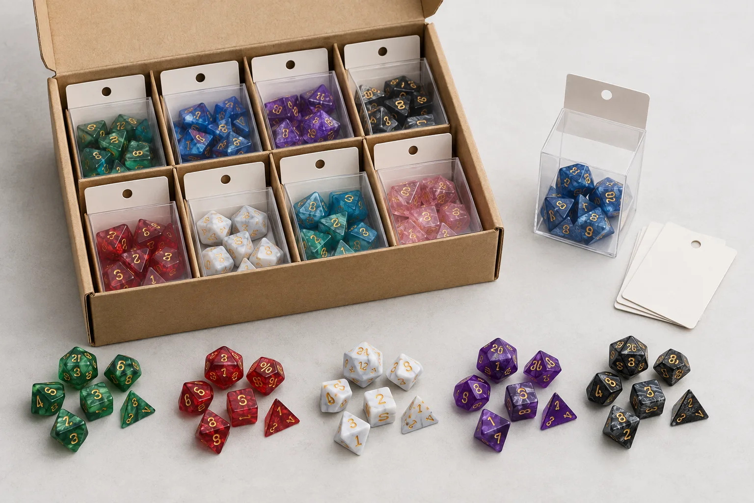 Multiple complete seven-piece polyhedral dice sets organized in retail-ready packaging for bulk DND dice buyers