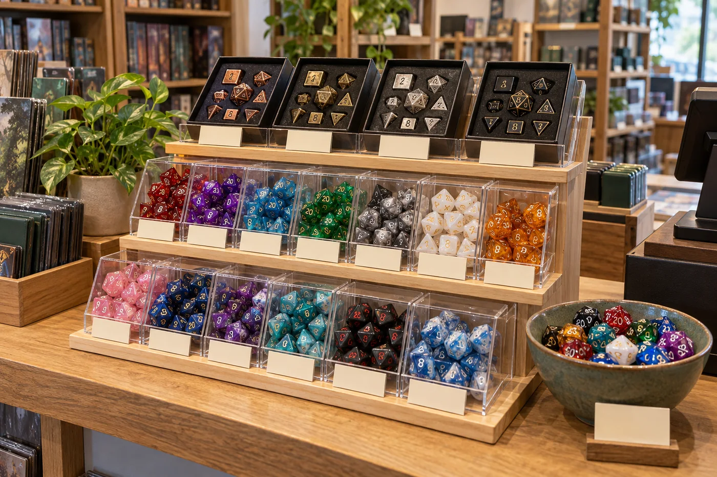 Tiered tabletop game store dice display grouping colorful core polyhedral sets below a small premium dice selection