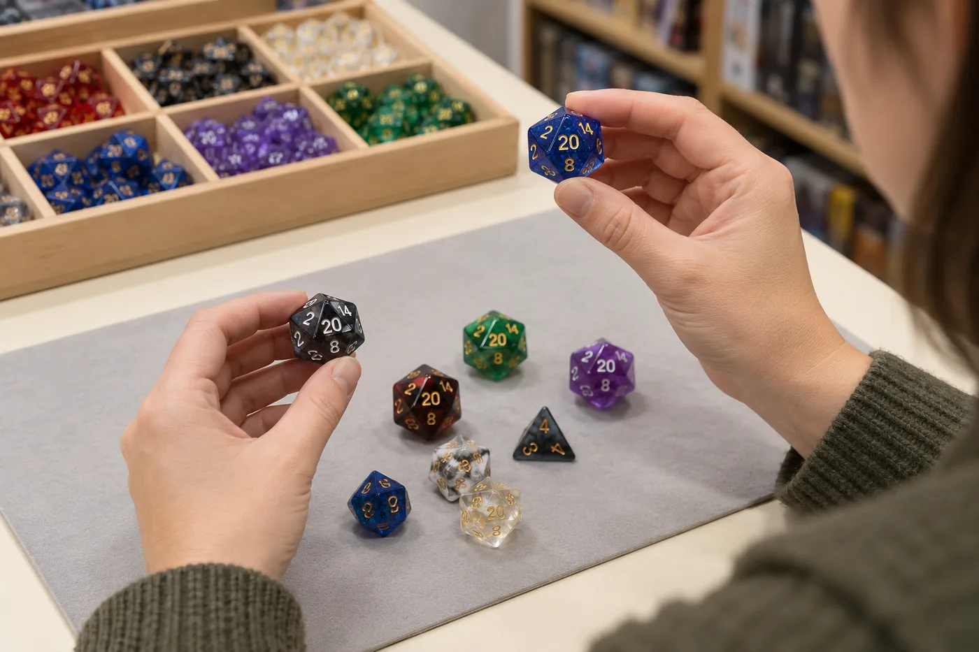 A retailer checks generic polyhedral dice in different colors and finishes on a neutral tabletop before choosing a readable dice assortment