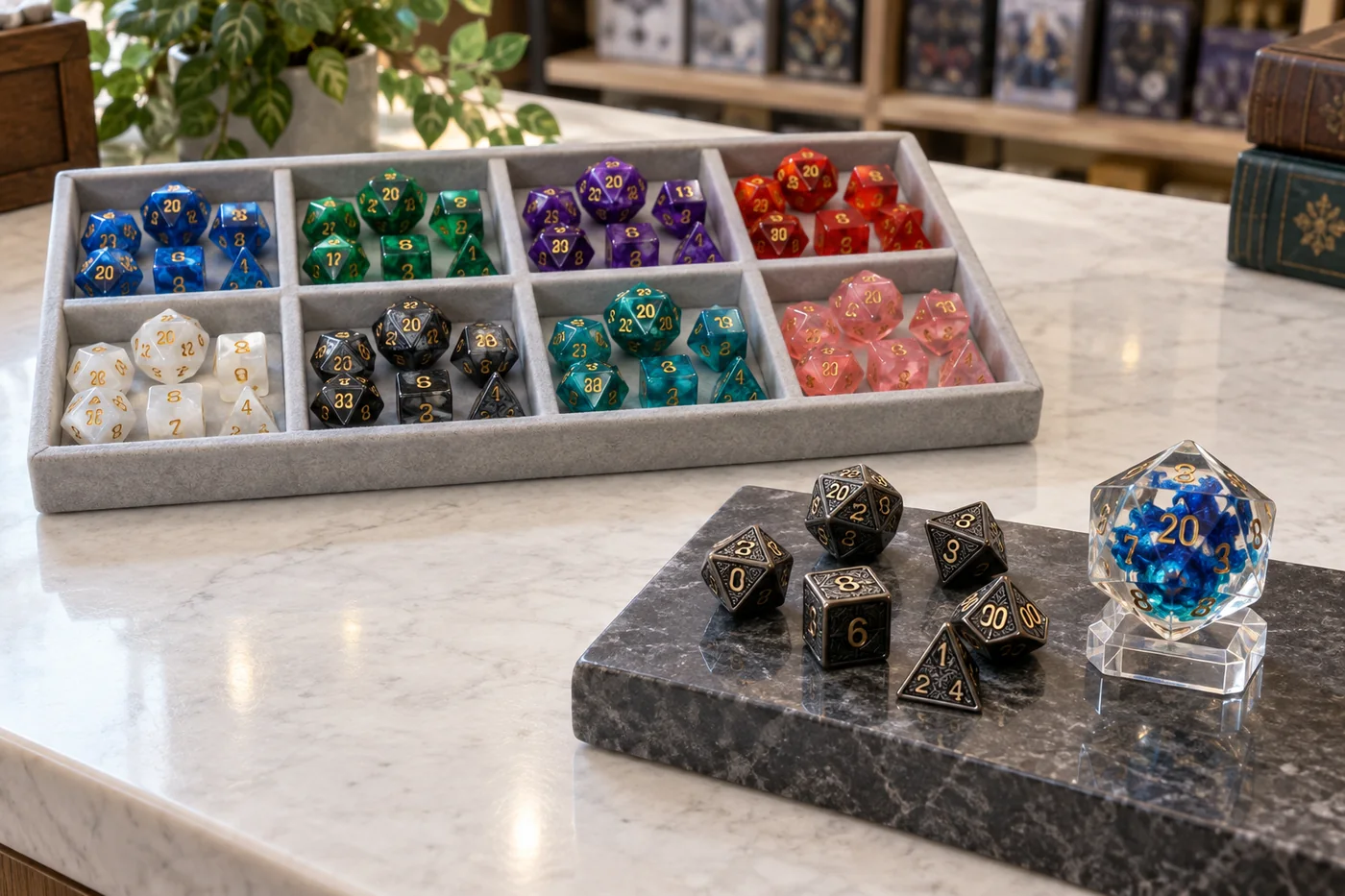 Illustrative core and premium RPG dice assortment with colorful resin sets, metal dice, and a liquid-core display die