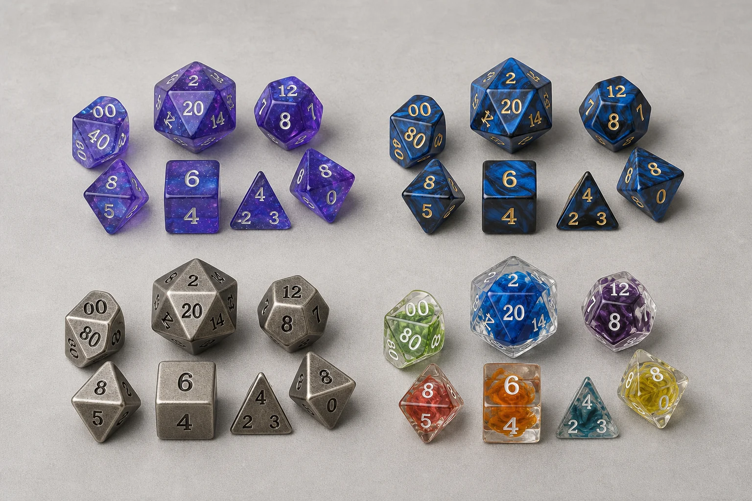 Comparison of resin, sharp edge resin, metal, and specialty polyhedral DND dice materials