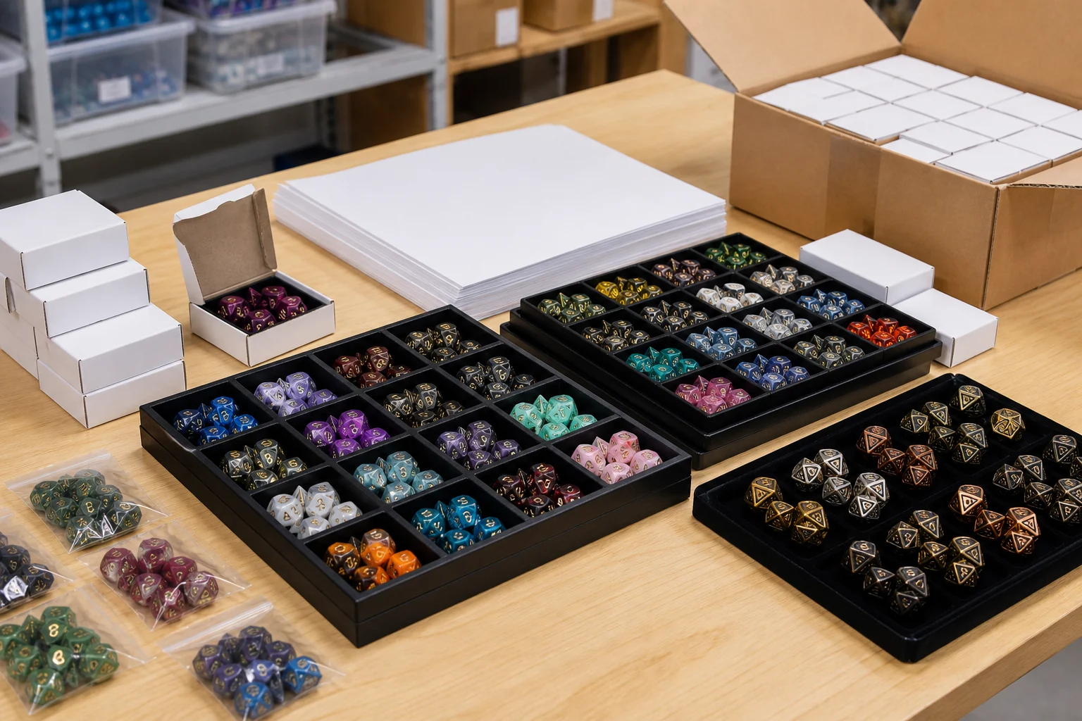 Wholesale DND dice assortment and private label packaging prepared for game store buyers