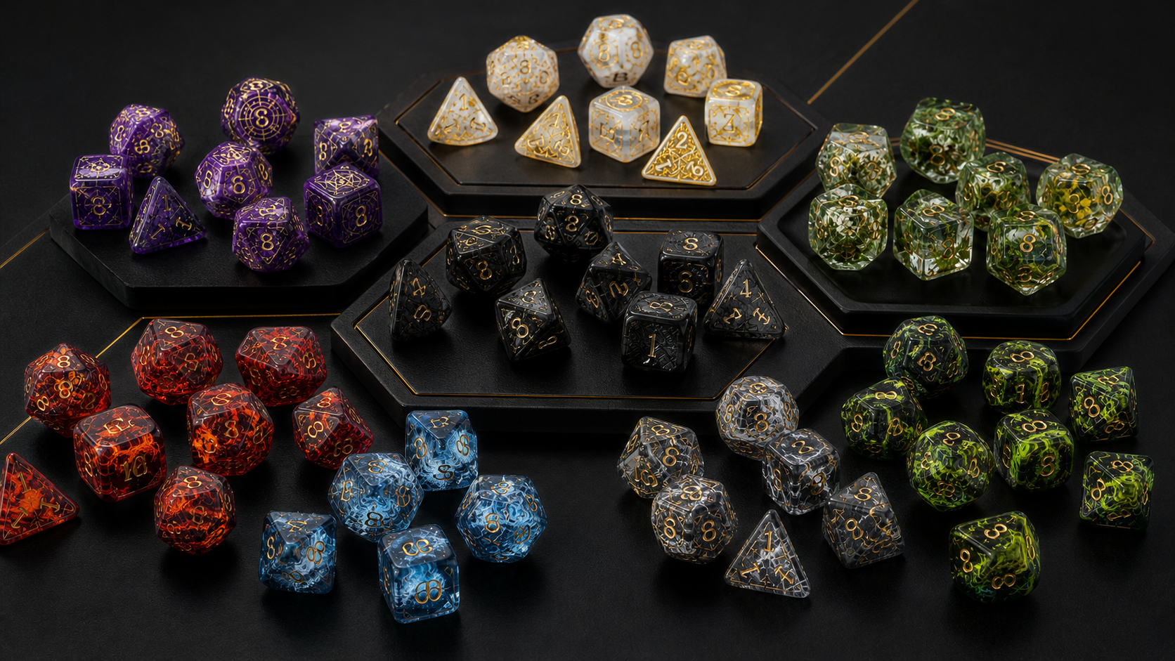 Elemental dice sets with fire frost storm poison shadow and arcane fantasy RPG themes