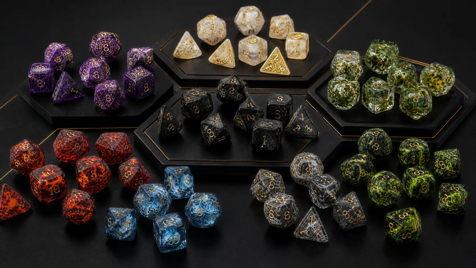 Character class dice collection including wizard rogue paladin necromancer and druid themes