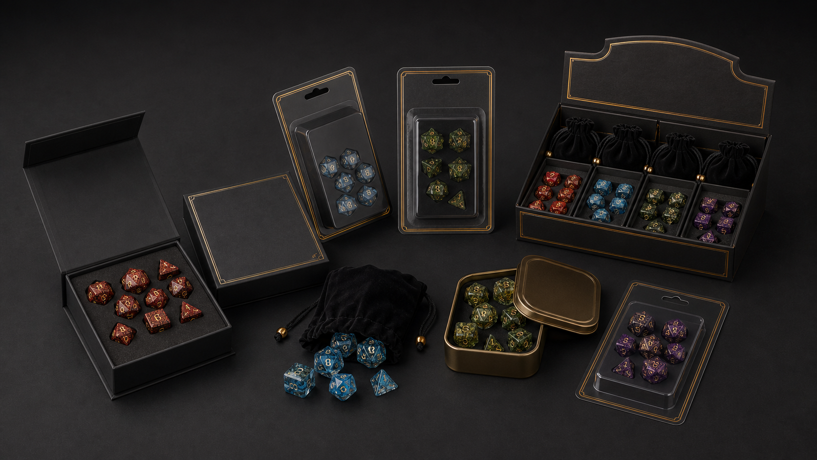 Custom RPG dice packaging and sample options for quote requests