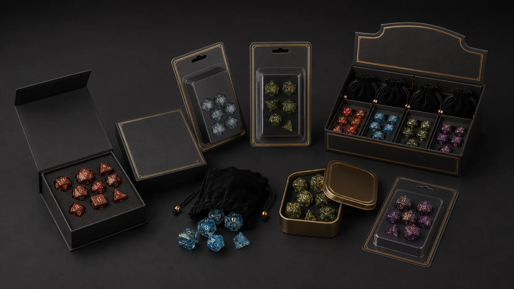 Private label dice packaging for RPG dice brands