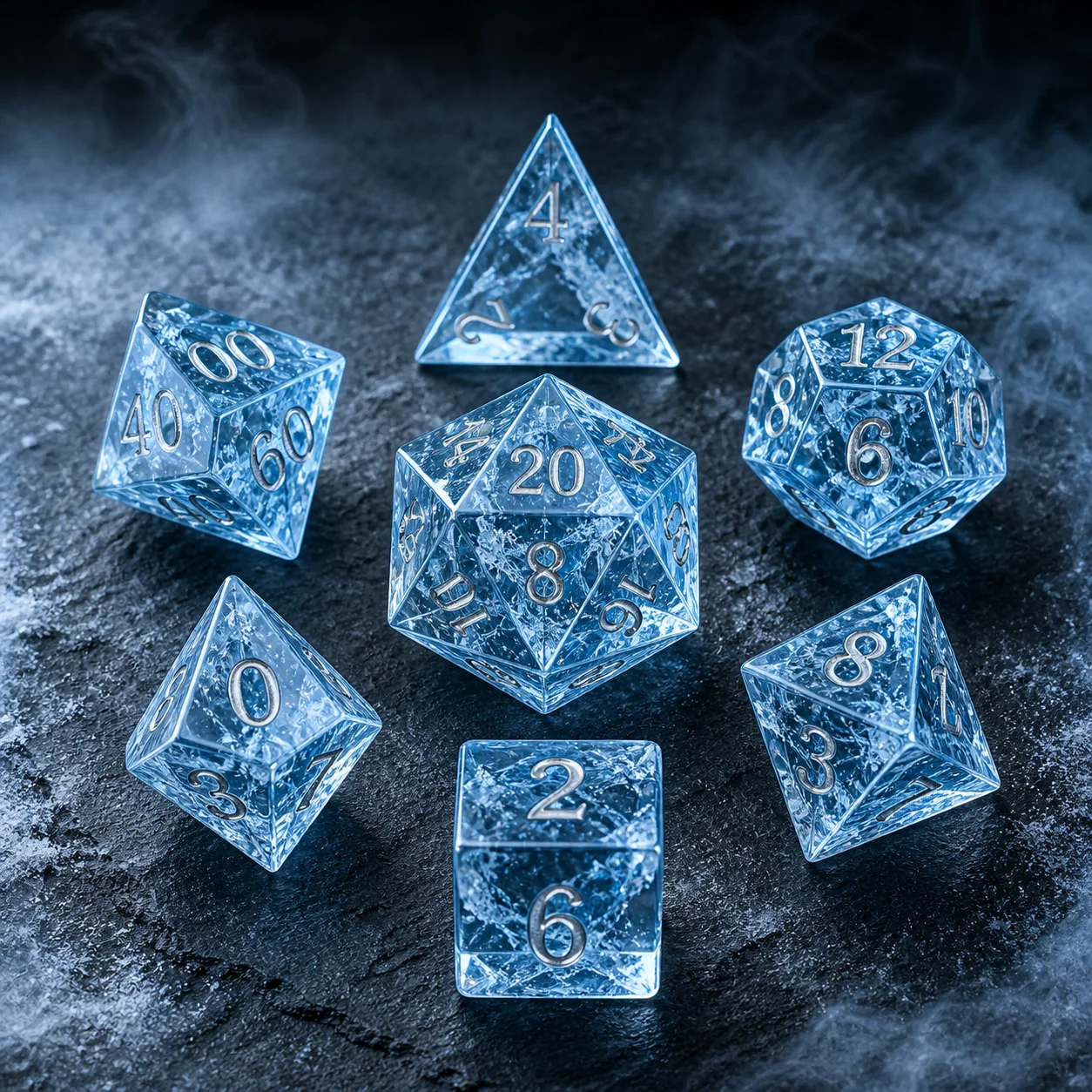 Frost Dragon transparent blue resin polyhedral dice set with silver numbers