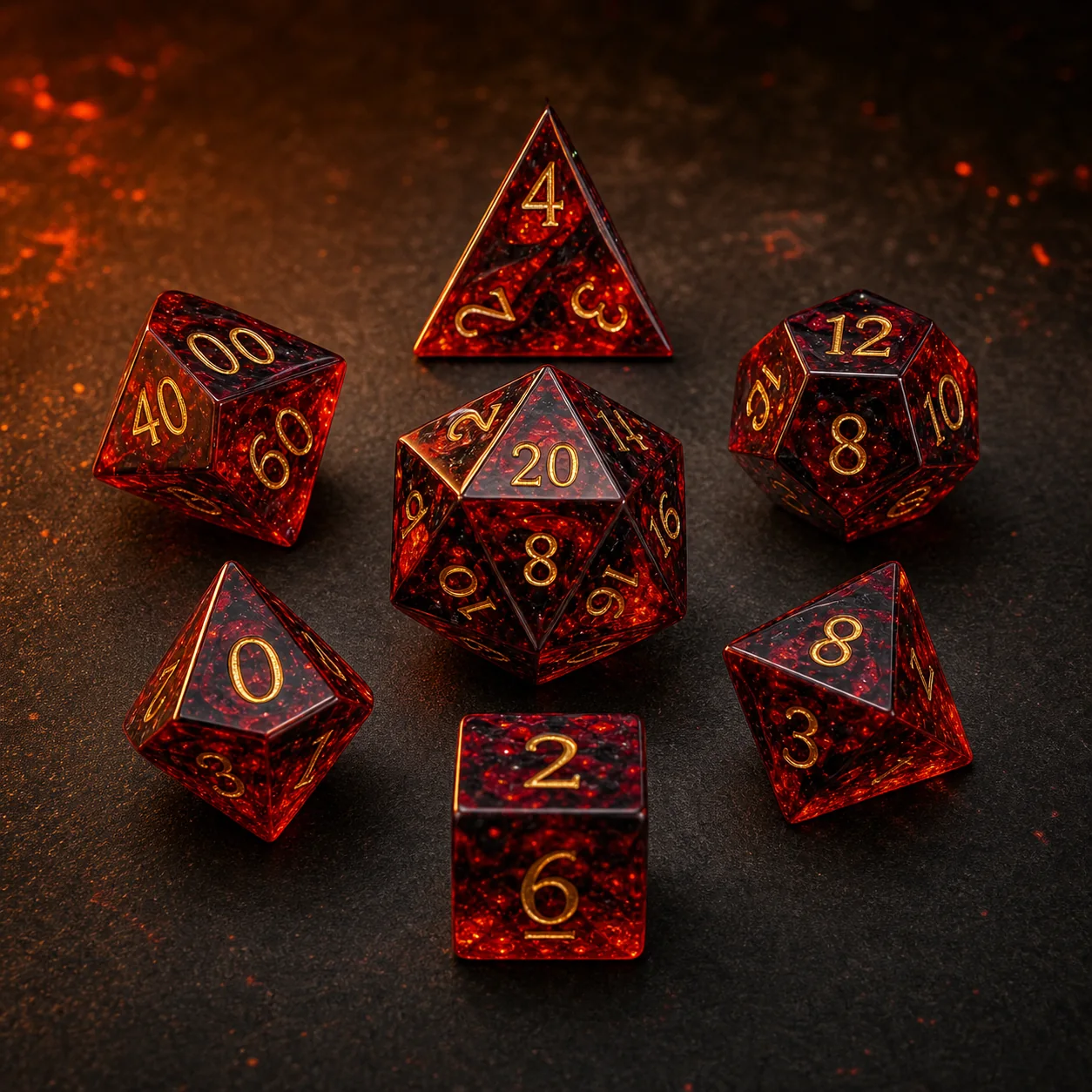 Red Dragon sharp-edge resin polyhedral dice set with red resin and gold numbers