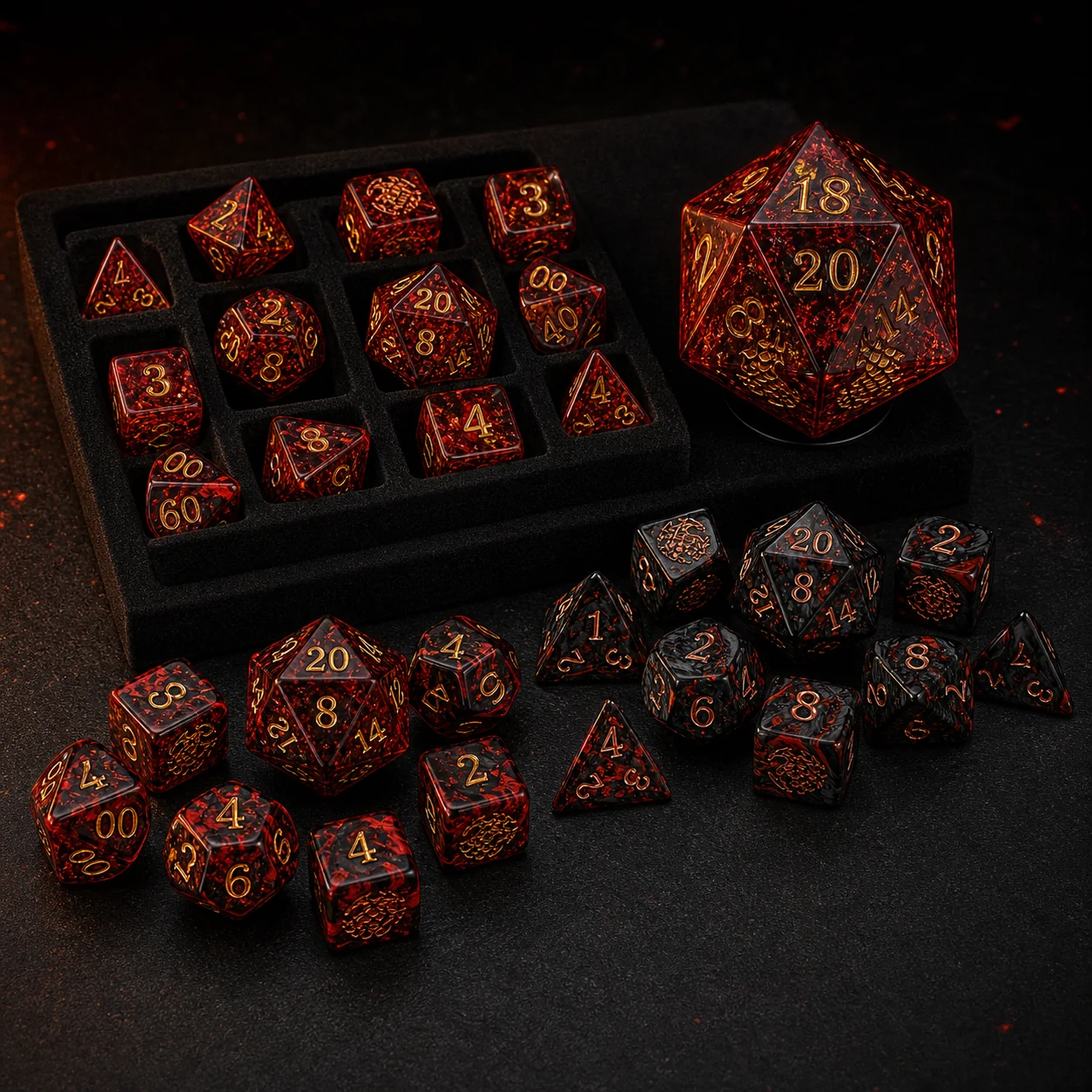 Red Dragon wholesale dice assortment with multiple red dragon dice SKUs