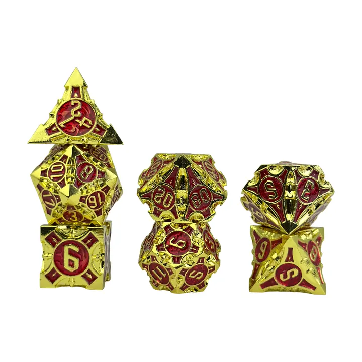 Gold red paladin dice set for game store class dice assortment planning