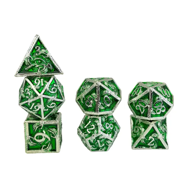 Real green dragon scale dice sample set with fantasy sculpted shapes